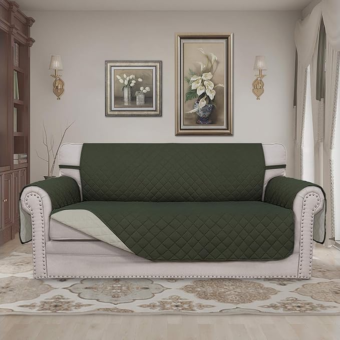 Easy-Going Sofa Slipcover Reversible Loveseat Sofa Cover Couch Cover for 2 Cushion Couch Furniture Protector with Elastic Straps for Pets Kids Dog Cat (Oversized Loveseat, Army Green/Beige)