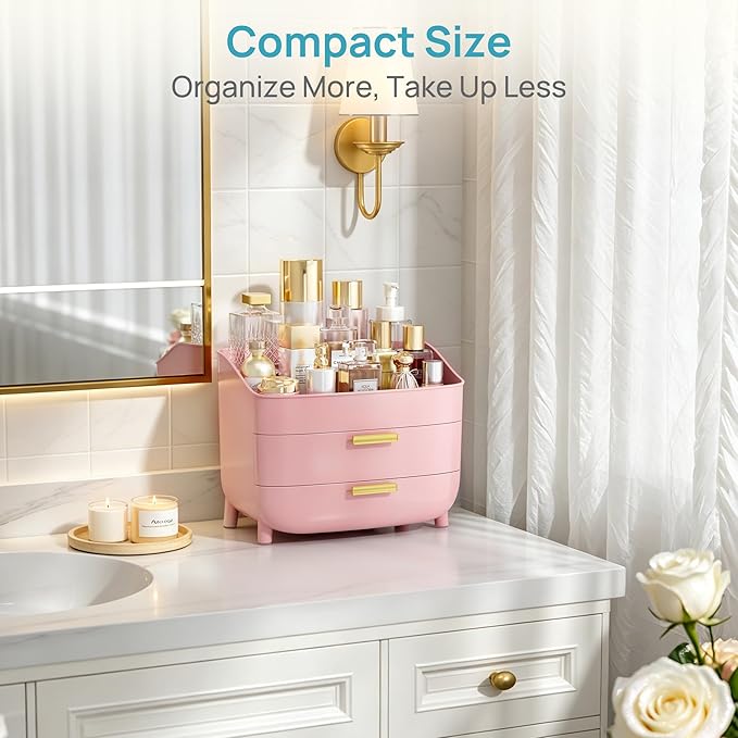 Vtopmart 3-Tier Skincare Makeup Organizer with Drawers for Vanity and Bathroom Countertop, Large Cosmetic Storage Box Case for Dresser, with Non-Slip Base, Pink