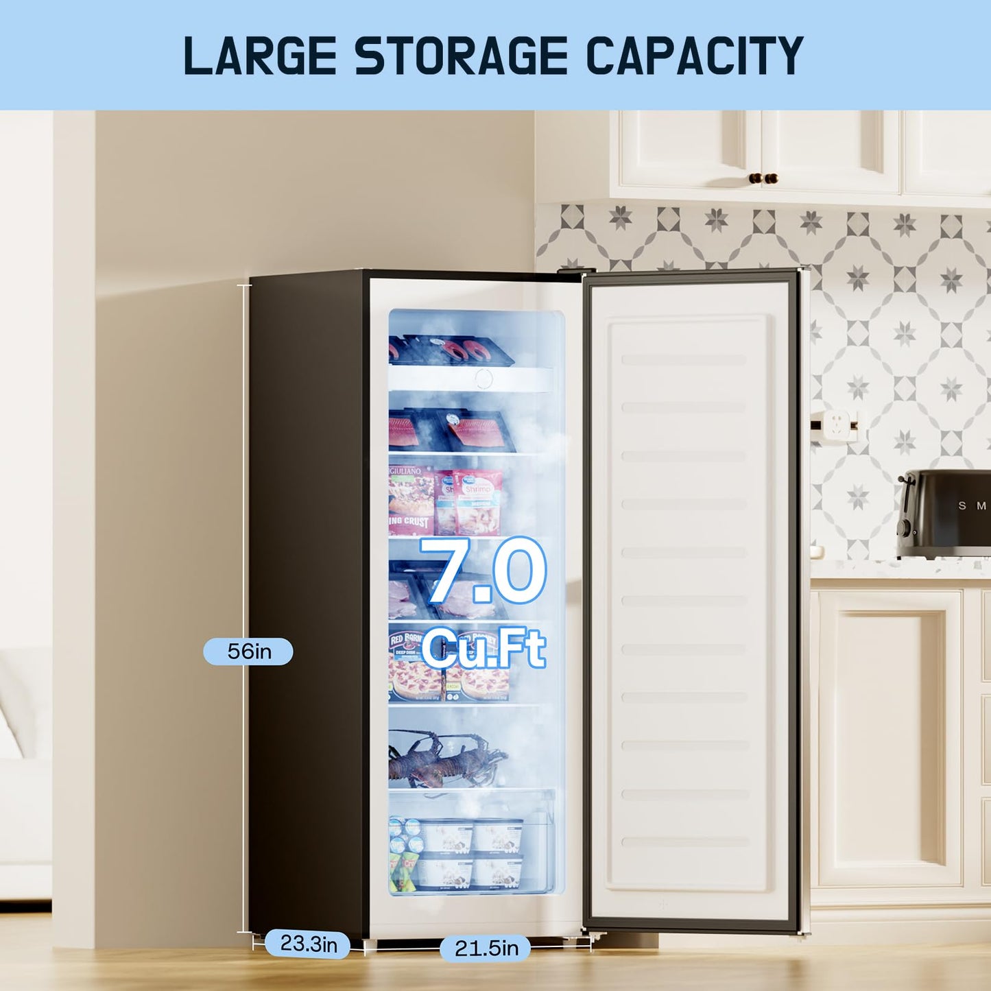 Upstreman 7.0 Cu.Ft Upright Freezer, Large Capacity Stand Up Freezers with 5 Adjustable Shelves, Convertible Refrigerator/Freezer, Reversible Door for Home, Basement, Apartment (Stainless)