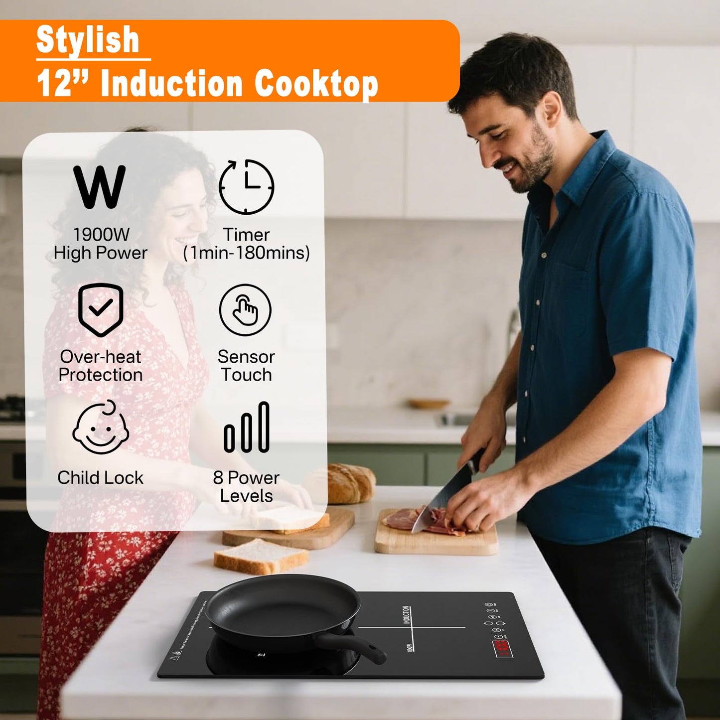 2 Burner Induction Cooktop Built in/Countertop, 110V~120V 1900W Double Induction Cooktop for RV, Camping with Plug, Timer, Child Lock (Black）