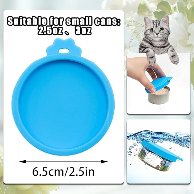 PINE & LINEN 4 Pcs 2.5inch Durable Pet Can Lids,Silicone Small Pet Can Covers Waterproof Cat Food Cans Lids for 3 oz Cat Food Cans（Sky Blue）