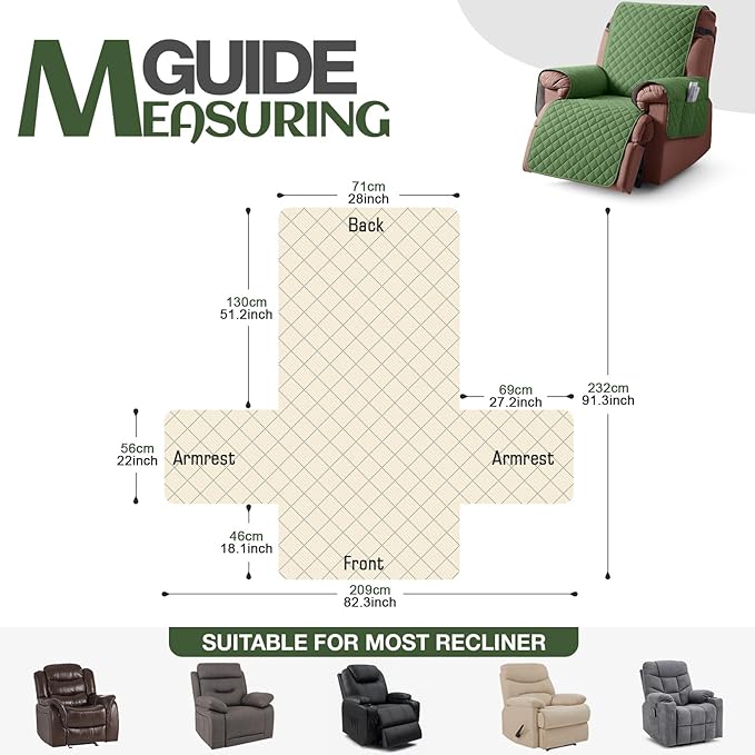 KinCam 100% Waterproof Recliner Chair Cover, Reclining Couch Covers for Pets, Dogs, Recliner Couch Slipcover Furniture Protector with Elastic Straps for Kids(28", Vine Green)