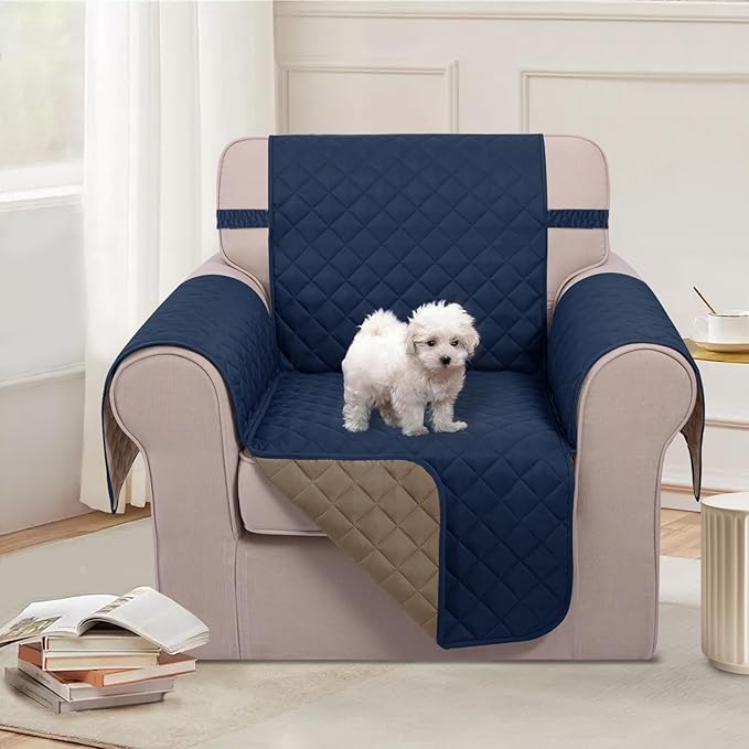 U-NICE HOME Recliner Chair Covers Reversible Chair Cover Pet Covers for Dogs with Elastic Straps Water Resistant Diamond Quilted (23''Armchair, Navy/Taupe)