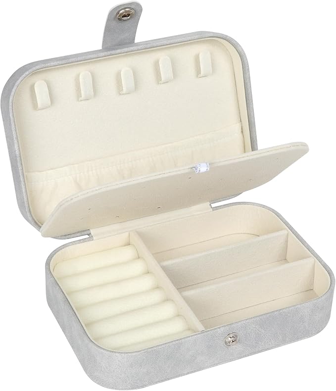 Hatori Travel Jewelry Box, PU Leather Small Jewelry Organizer for Women Girls, Portable Mini Travel Case Display Storage Holder Boxes for Stud Earrings, Rings, Necklaces, Bracelets (Grey)