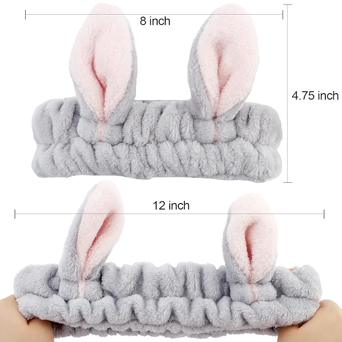 YISSION Cute Bunny Ear Spa Headband for Women and Girls - Soft Plush Makeup Headband for Face Washing, Skincare, Shower, Easter Party Favors (2 Pack, Gray with Pink Inner Ears)