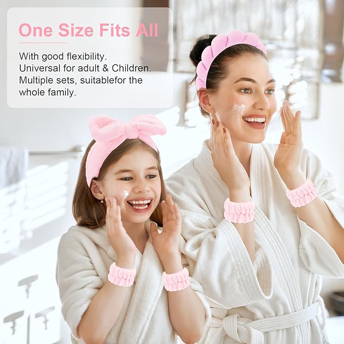 CAVETEE 6 Pack Spa and Makeup Headbands for Face Washing - Cute Puffy Bubble Bow Tie Headbands with Wristbands for Women and Girls
