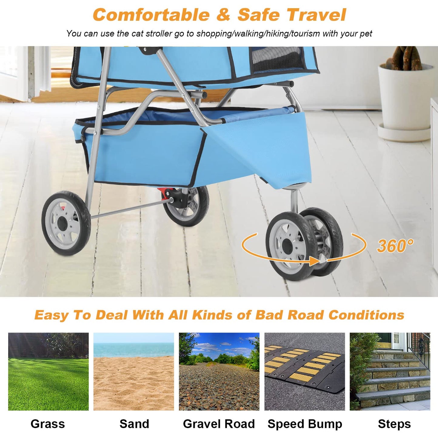 BestPet 3 Wheels Pet Stroller Dog Stroller Cat Cage Jogger Stroller Cats Travel Folding Carrier Waterproof Puppy Stroller with Cup Holder & Removable Liner,Blue