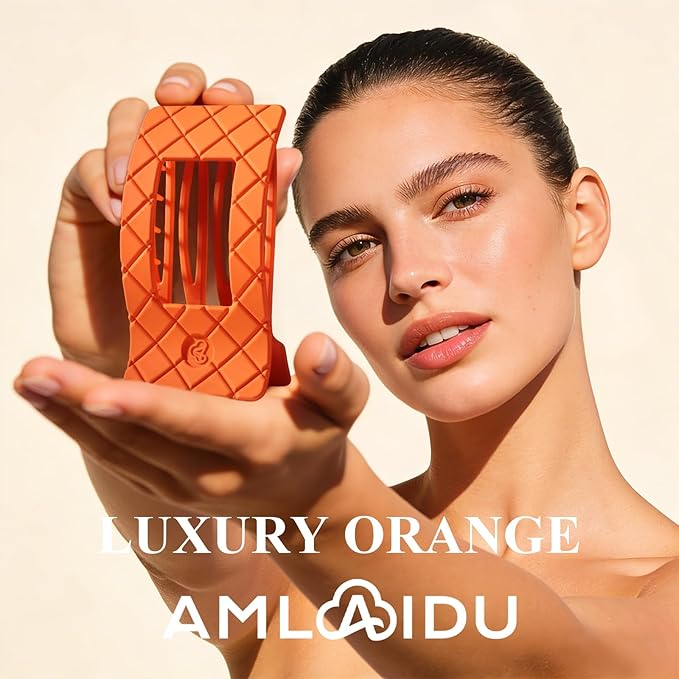 Large Flat Hair Claw Clips for Women for Thin Thick Hair, Stylish Strong Hold Non Slip Square Hair Clips, Cozy French Lay Down Hairclips, Comfortable All-Day Wear, Orange, 4 Pcs