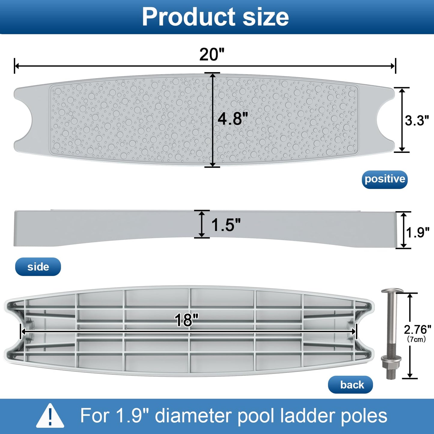 Goovilla Pool Ladder Steps Replacement, (3-Pack) 18" Universal Heavy-Duty Molded Plastic Swimming Pool Ladder Rung Step with 6 PCS Stainless Steel Bolts for Inground and Above Ground Pools, Grey