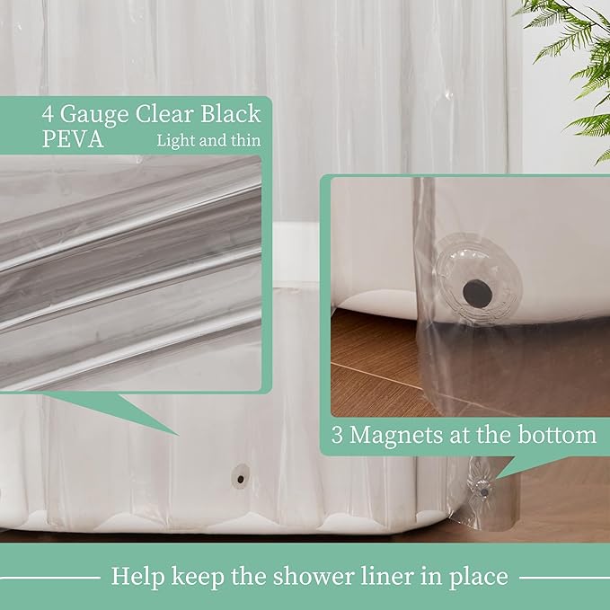 Mrs Awesome Clear Black Shower Curtain Liner with 3 Magnets, 72x72 Premium Flexible Sturdy Plastic Shower Curtain for Bathroom Lightweight & Waterproof, Clear Black