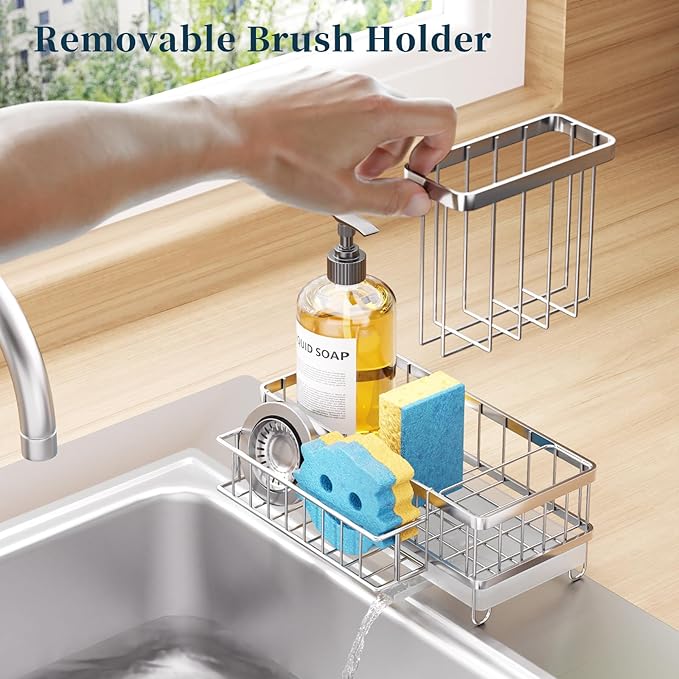 Consuemst Sponge Holder for Kitchen Sink - Auto Draining Sink Caddy Organizer with Detachable Rack, High Brush Holder, Kitchen Countertop Storage Accessories, Silver