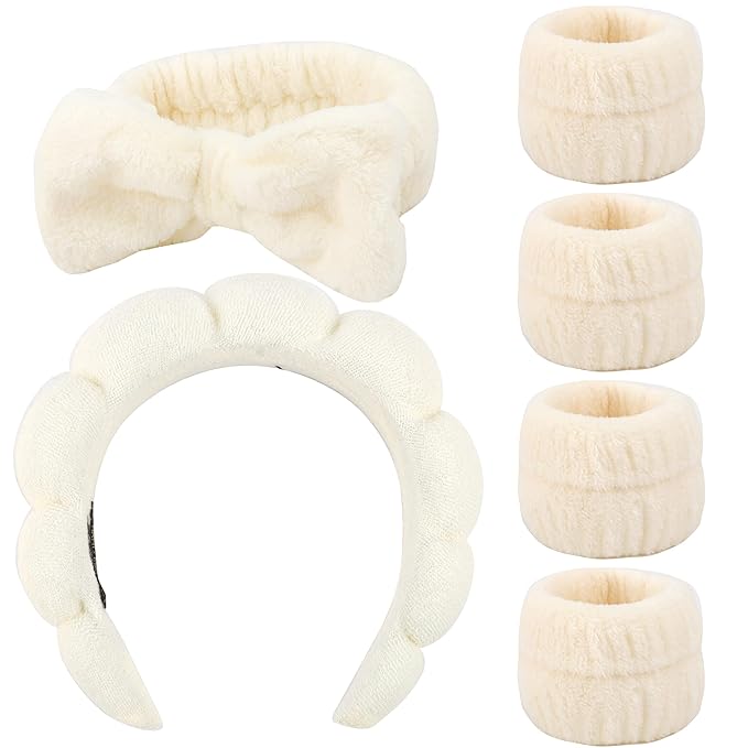 AOPRIE SPA Headbands for Washing Face Makeup Headbands with Bow Hair Band Women Facial Head Band Wrist Towel Wraps For Shower Face Mask White Style White, 6 Pack