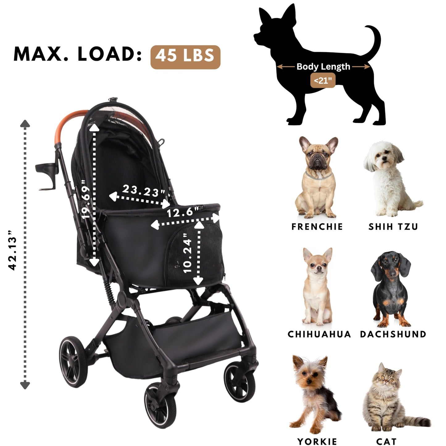Bicystar Pet Stroller for Small Medium Dogs Cats Up to 45 lbs, Travel Lite Collapsible, All Terrain 4 Wheels for Jogging, Running, Grey