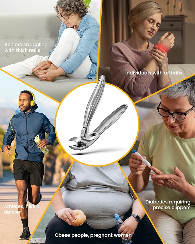 BEZOX Curved Toenail Clippers for Seniors – Safety Lock, Wide Opening, and Anti-Slip Grip Nail Clipper for Thick Nails - Silver