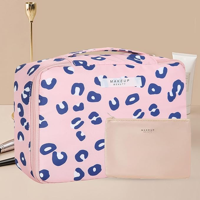 Queboom Travel Makeup Bag Cosmetic Bag Makeup Bag Toiletry bag for women and men (Pink Leopard)