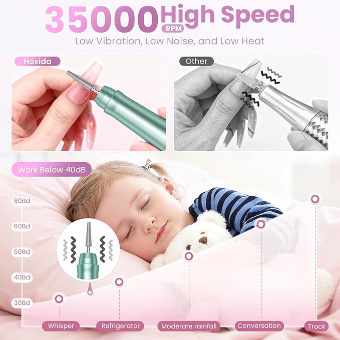 Cordless Nail Drill 35000RPM, Portable Electric Nail File for Acrylic Gel Nails, Professional Manicure Pedicure Kit, Rechargeable efile Set for feet with LCD Display, Low Noise Low Vibration-Green