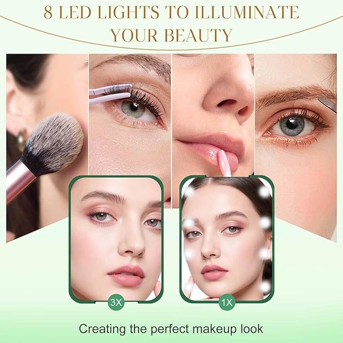 Compact Mirror, 1X/3X Magnification LED Pocket Mirror with Nternal BIattery, Mini Mirror for Purse, Pocket,Travel and Present (Green)