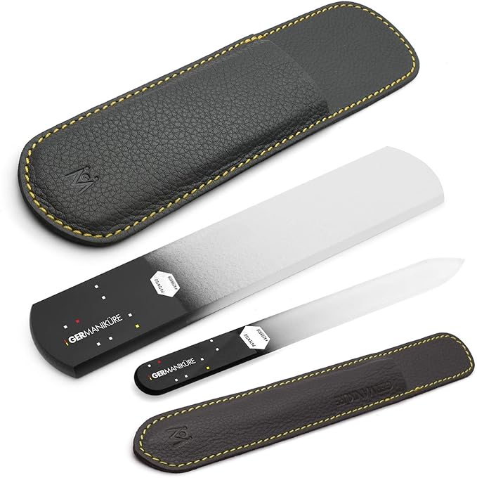 GERMANIKURE Black Glass Nail File & Pedicure Bar Set in Leather Sleeves - Ethically Made in Czech Republic - Professional Manicure & Pedicure Kit for Fingernail Care, Foot Callous & Dry Skin Removal