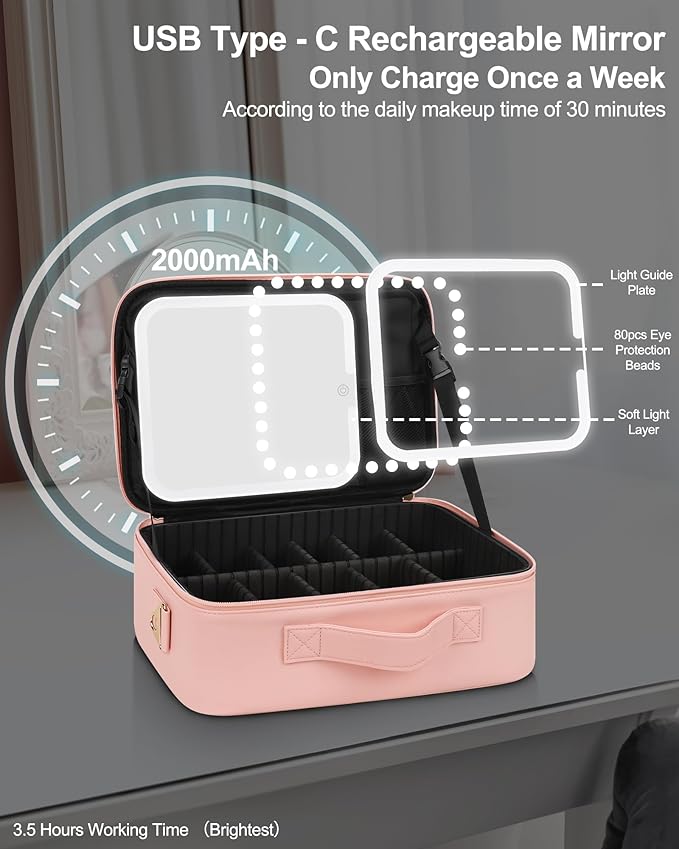 Relavel Travel Makeup Bag With LED Mirror, Portable Cosmetic Bag Organizer with Adjustable Brightness in 3 Color Scenarios, Small Cute Train Case with Detachable Dividers for Trip- Pink Strip