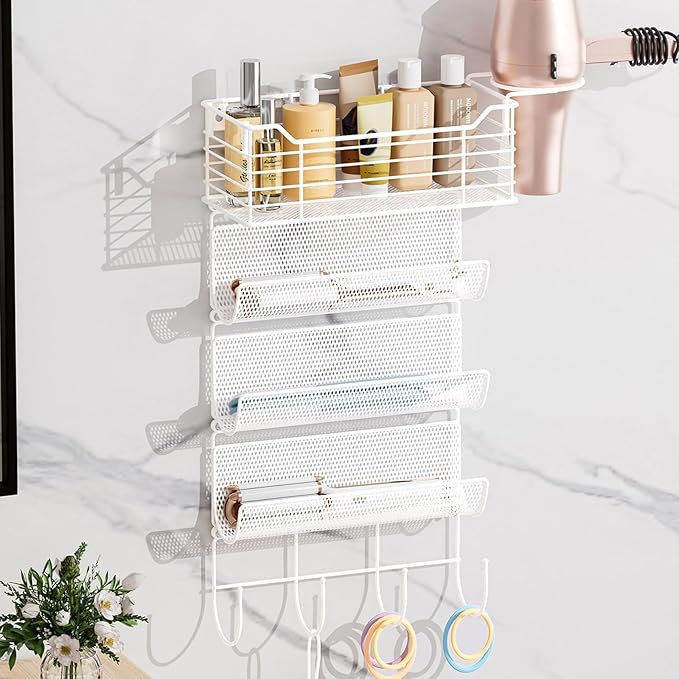 VITVITI Metal Hair Tool Organizer Wall Mount, Hair Dryer Holder with 4 Tier Shelf Basket Hooks, Bathroom Hairs Styling Tool Organizer for Curling Iron/Blow Dryer/Straightener, White