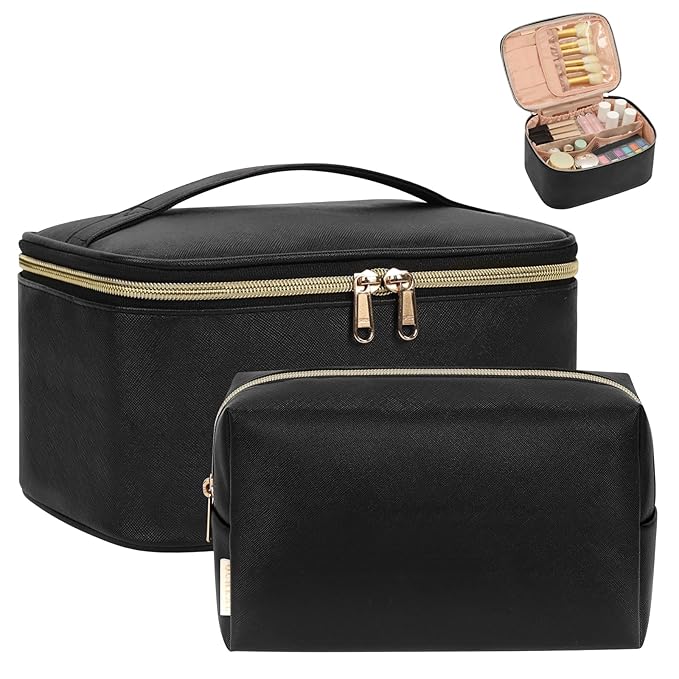 OCHEAL Makeup Bag Set, Portable Travel Makeup Bags Cosmetic Organizer Bag for Women Cute Floral Cosmetic Pouch Large Capacity Make up Bag PU Leather Toiletry Bags with Divider and Handle-Black