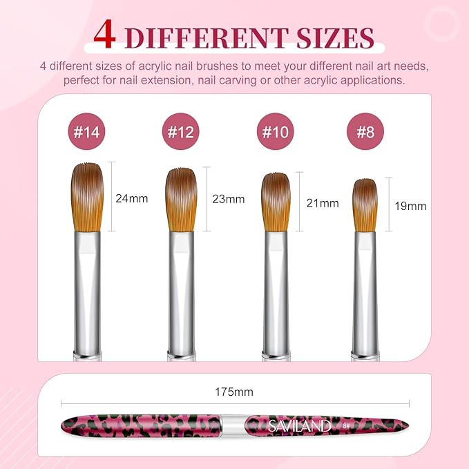 SAVILAND 4PCS Kolinsky Acrylic Nail Brush Set - Professional Nails Brushes for Acrylics Powder Application & 3D Nail Art, Sizes 8/10/12/14 Acrylic Brushes - Essential Nail Extension Kit Salon Home