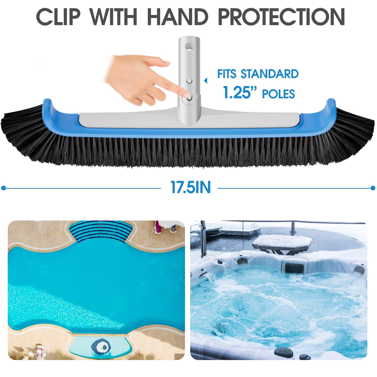 TidyMister Pool Brush 17.5'' Heavy Duty Swimming Pool Brushes for Cleaning Pool Walls & Tiles & Floors & Corners Scrub Brush Head Reinforced Aluminum Back