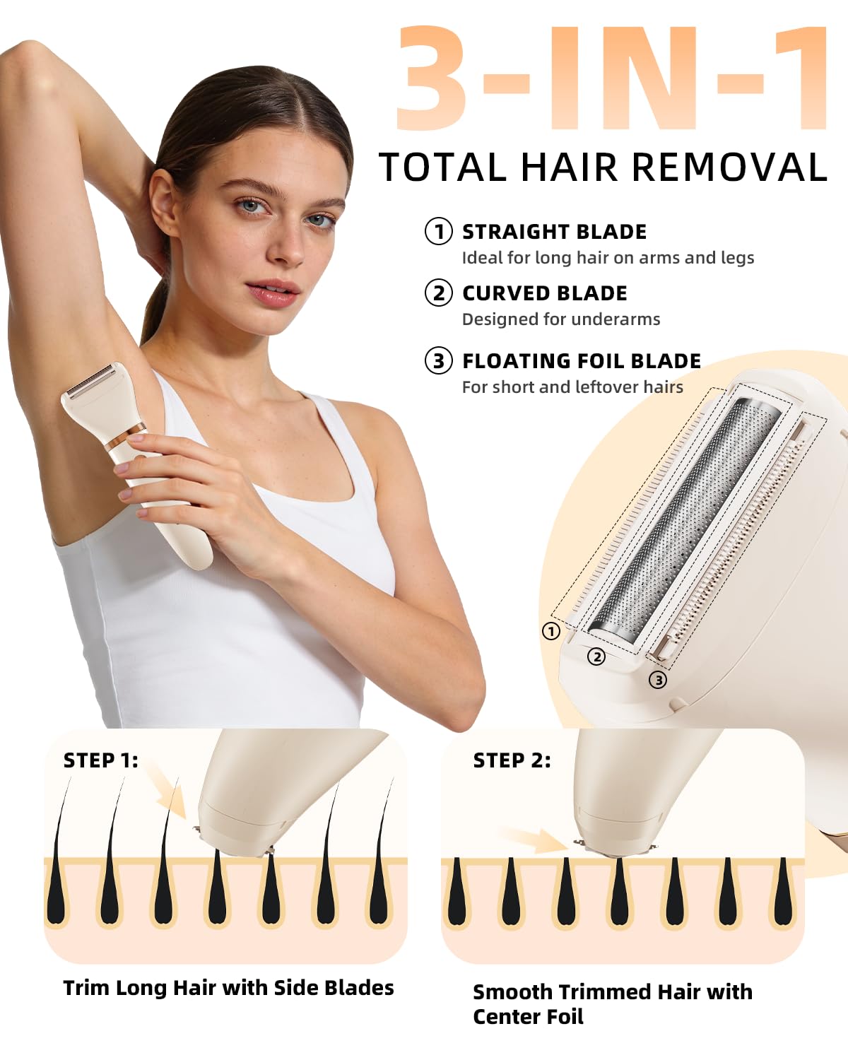 Ufree Bikini Trimmer Electric Razors for Women, Rechargeable Pubic Hair Trimmer Electric Shaver for Legs Body Hair, Bikini Shaver IPX7 Waterproof, White