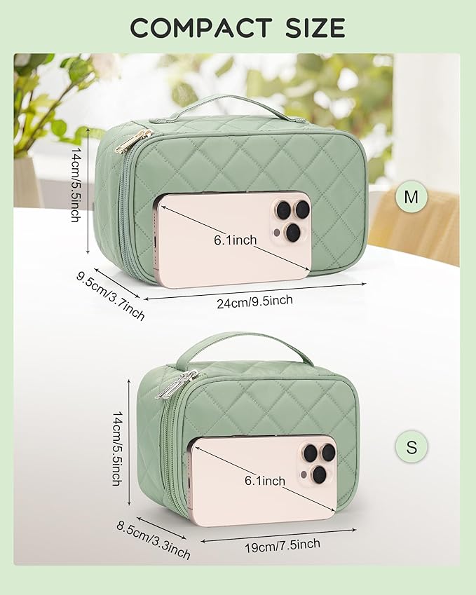 Relavel Travel Makeup Bag, Cosmetic Bag for Girls with 2 Makeup Brush Holders, Portable Makeup Pouch for Women, Cute Toiletry Bag with Double Layer Organizer - Green