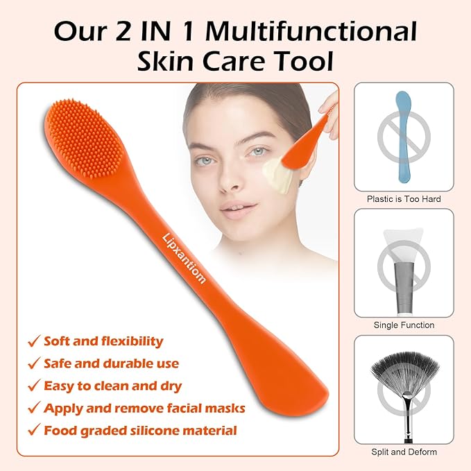 3 Pcs Silicone Facial Cleansing Brush, 2 in 1 Face Mask Applicator and Pore Cleansing Tool, Orange+Gray+Purple, for All Skin Types