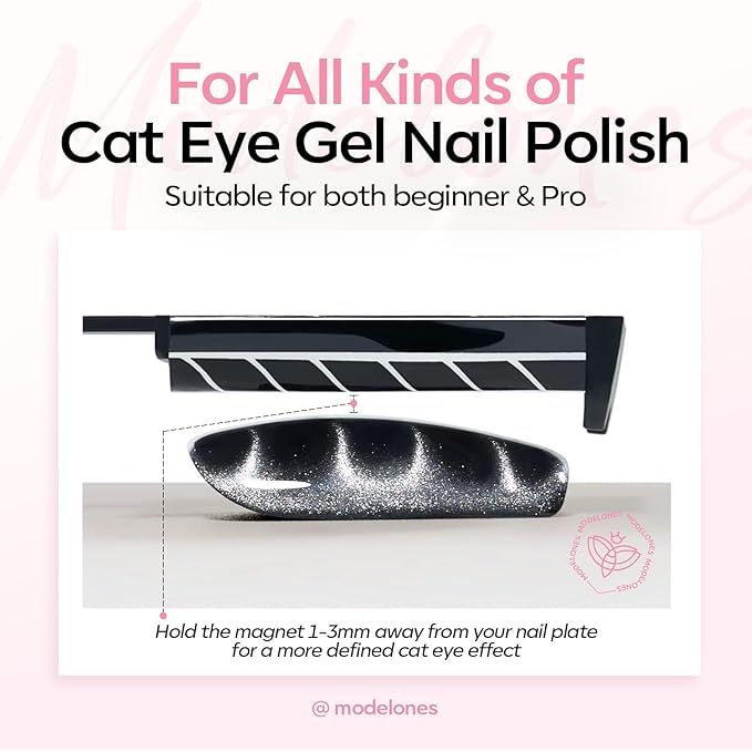 modelones Cat Eye Gel Polish Nail Magnet, 3-in-1 Cat Eye Magnet Pen & Heart-Shaped for Nail Art Tool Cylindrical & Ball &Hole &Lightning Magnet, Multi-Effect Magnets for Cateye Gel Polish DIY Salon
