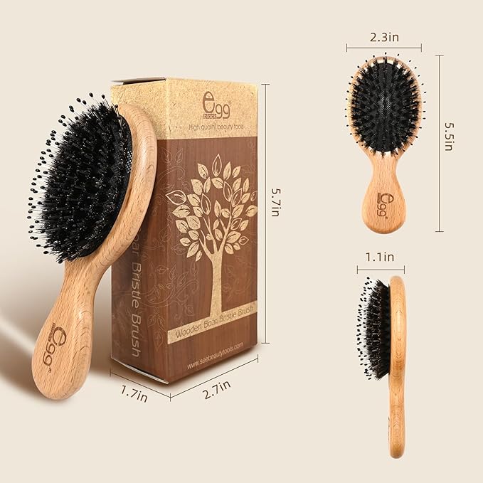 BLACK EGG Hair Brush Mini Boar Bristle Hairbrush for Thick Curly Thin Long Short Wet or Dry Hair Detangle Massage Add Shine
