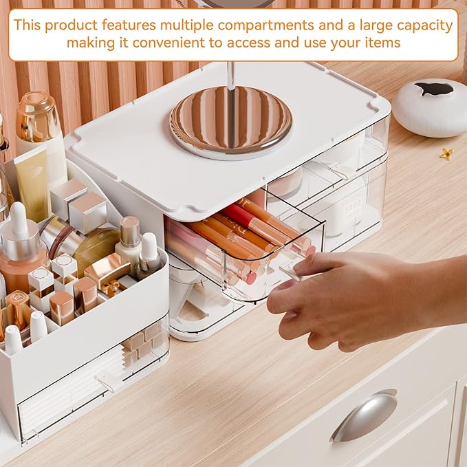 Yieach White Makeup Organizer Countertop With 4 Drawers,Large Cosmetics Storage Organizer for Brush,Hair Products,Plastic Makeup Holders and Beauty Skincare Organizers for Bathroom,Vanity,Dresser Top