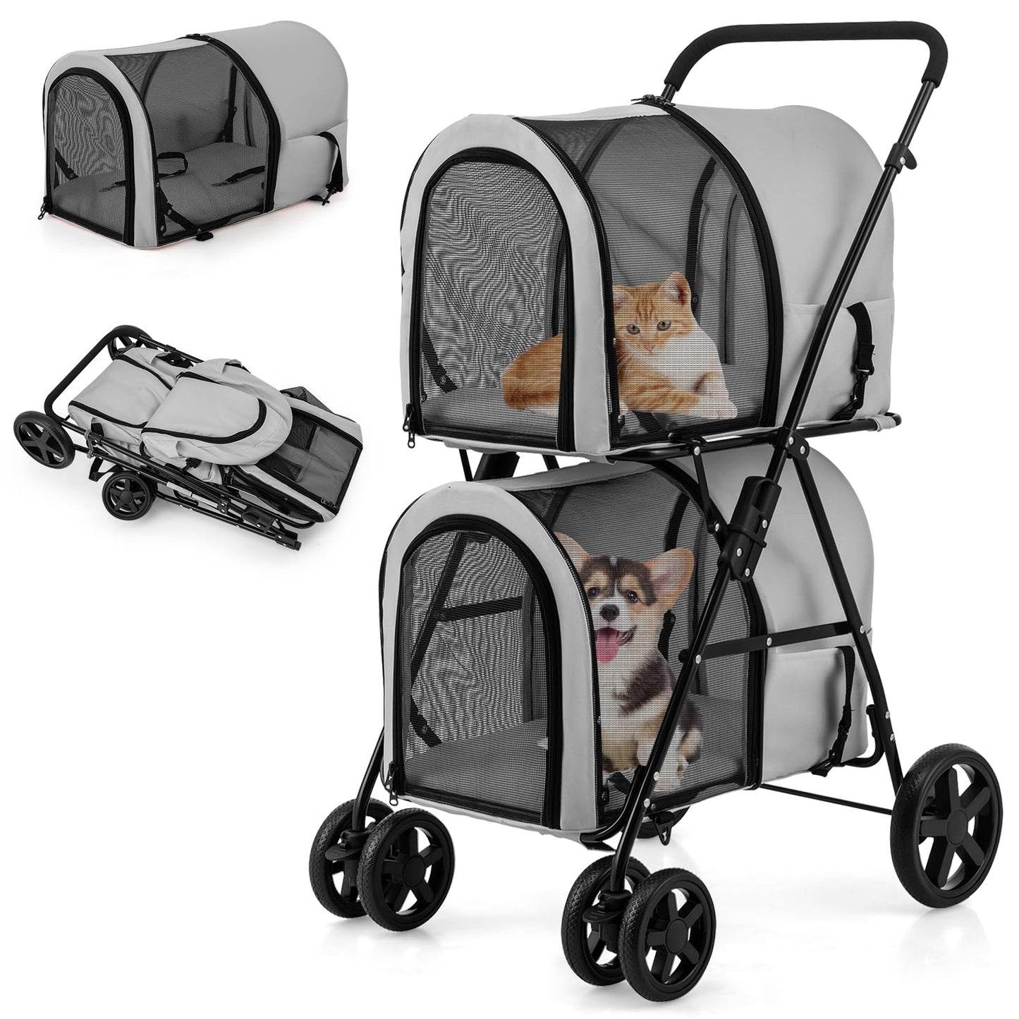 Giantex Double Pet Stroller with 2 Detachable Carrier Bags, Safety Belt, 4 Lockable Wheels, Folding Cat & Dog Stroller for Small Medium Pets, Cats Dogs Puppy Travel Strolling Cart (Gray)