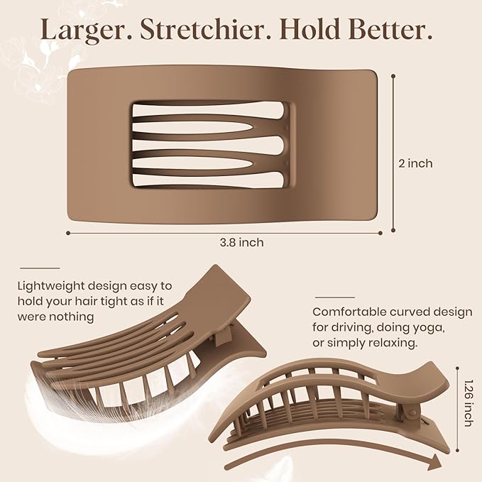 4 PCS Flat Hair Clips for Women Girls, French Rectangle Lay Down Claw Clips for Thick Thin Hair, Comfortable Curved Large Flat Clips, Matte Non-slip Strong Hold Square Hair Accessories, Brown