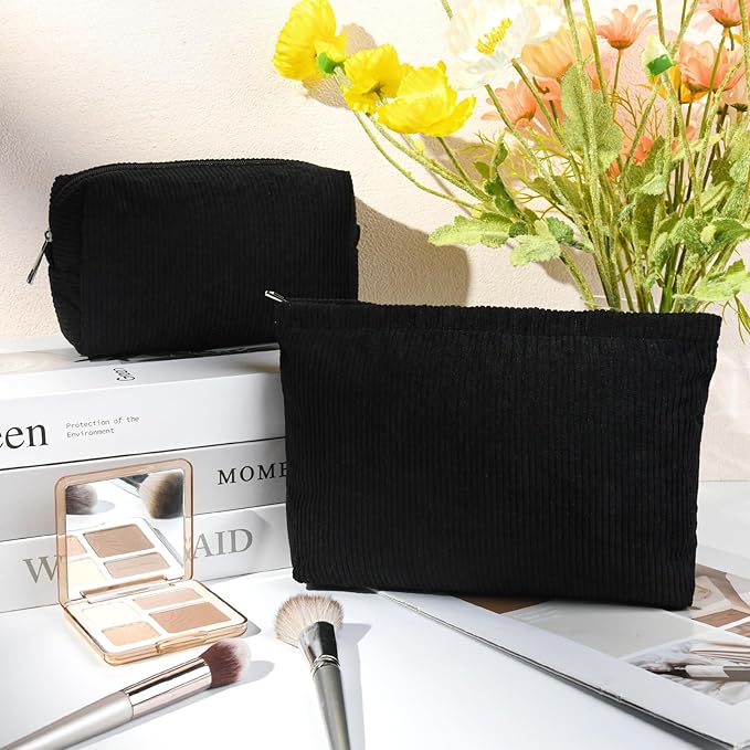 SOIDRAM 2 Pcs Corduroy Makeup Bag Large Cosmetic Bag Toiletry Bag Makeup Pouch Travel Bag Organizer Cute Makeup Brushes Aesthetic Accessories Storage Bag for Women Black