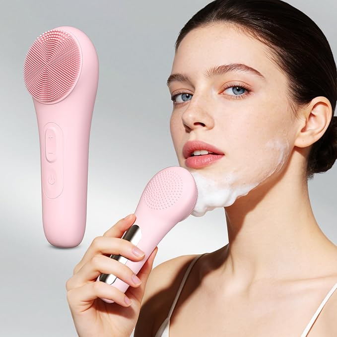 Rechargeable Silicone Facial Cleansing Brush for Women & Men - 5 Modes Waterproof Face Scrubber with Heat Massage, Deep Cleansing & Exfoliating Electric Face Brush (Pink)