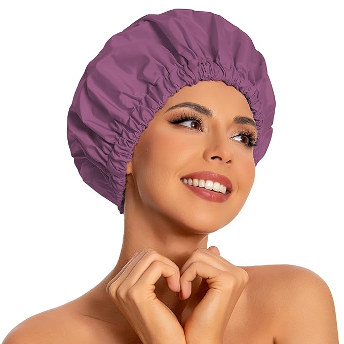 Reusable Shower Cap for Women, Large Waterproof Shower Bonnet with Elastic Band, Washable Bath Hair Cap for Long, Curly Hair, Braids, Daily Shower, Home Spa, Travel(Leather Purple)