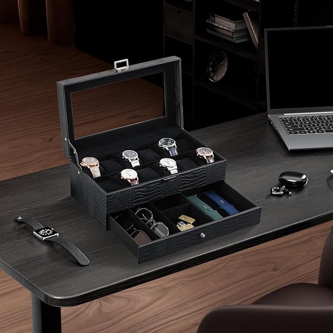 ProCase Watch Box, 12 Slot Mens Watch Case With Drawer, 2-Layer Watch Display Case With Glass Lid, Mens Jewelry Box Storage Holder Organizer, Birthday Valentine Gifts for Men -12Slot, LizardBlack
