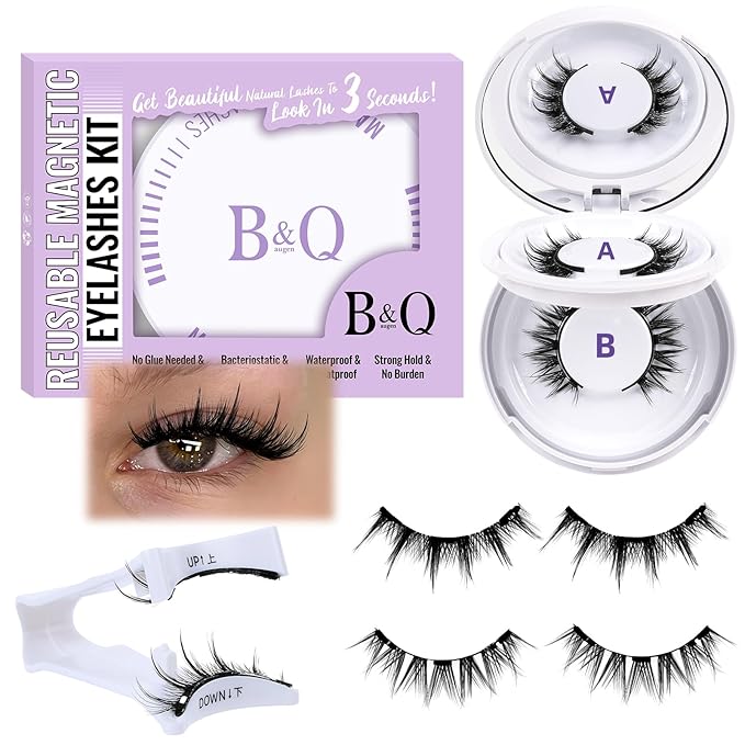 B&Q Magnetic Eyelashes Natural Look 2 Pair Magnetic Lashes with Applicator Upgrade Soft Magnetic Manga Lashes Clusters Kit Magnetics False Eyelashes 3 Magnet Strips for Strong Hold Easy to Apply(A+B)