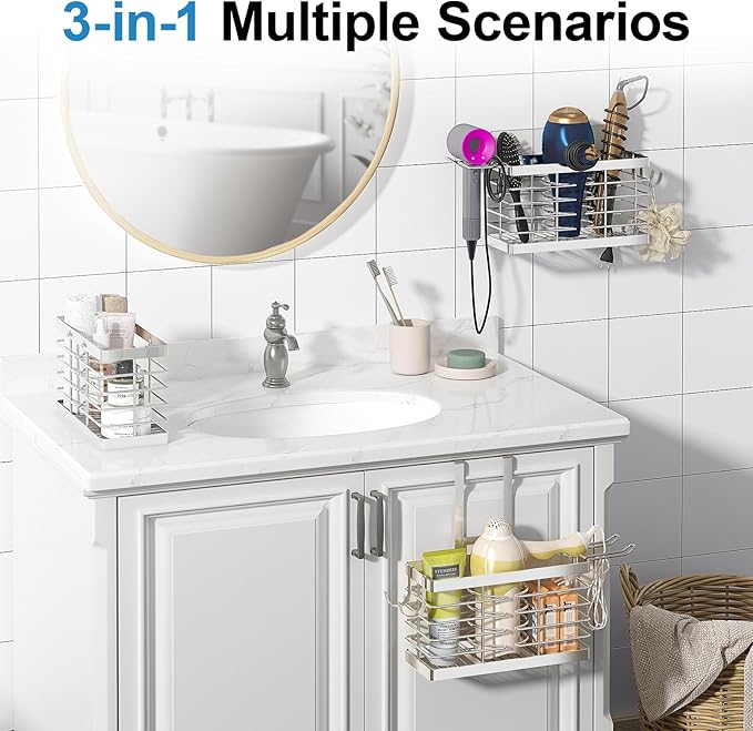 Sevenblue Hair Tool Organizer, 3-in-1 Universal Hair Dryer Holder, Adjustable Height Metal Blow Dryer Holder Wall Mounted/Over Cabinet Door/Free-Standing (Silver)