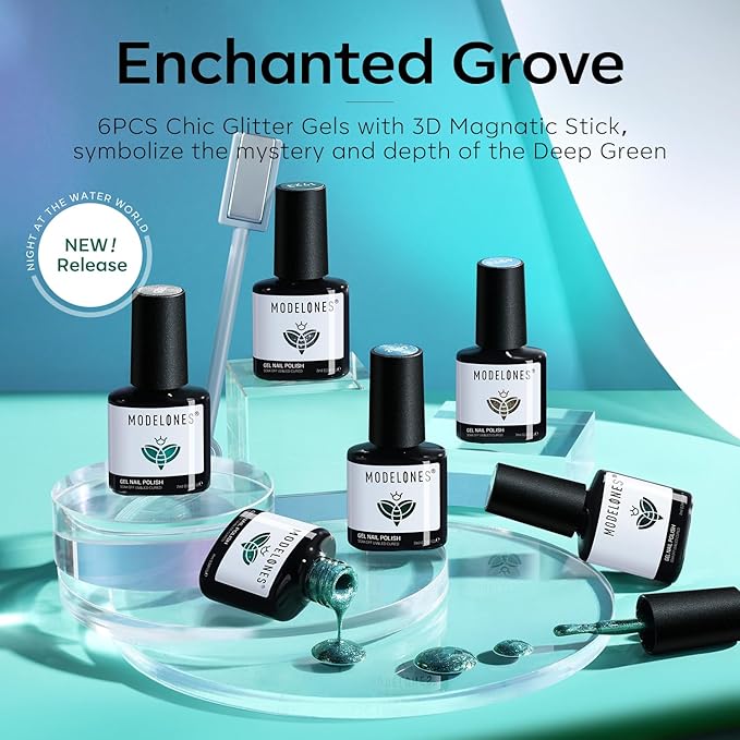 modelones Gel Nail Polish Set, 6 Colors 2026 Spring Summer Blue Green Cat Eye 9D Gel Polish Dark Green Sparkle Reflective Glitter Nail Polish with Magnet Soak Off LED Nail Art Kit DIY