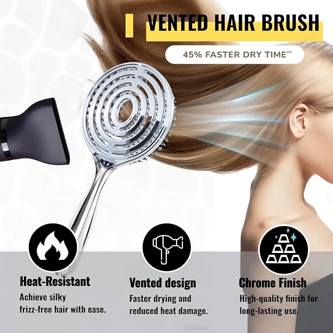 Vented Hair Brush Wet Dry HairBrush for Quick Flat Blow Drying with Natural Boar Bristles Elastic Scalp Massage Brushes Double Layer Design for Smooth HairÃ¯Â¼ÂChrome SilverÃ¯Â¼Â
