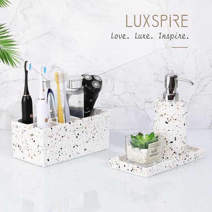 Luxspire Bathroom Vanity Tray, 8 x 4 inch Resin Kitchen Sink Tray for Soap Dispenser Bathroom Countertop Organizer Plate Holder for Perfume Soap Towel Bathroom Accessories, Mini, Terrazzo