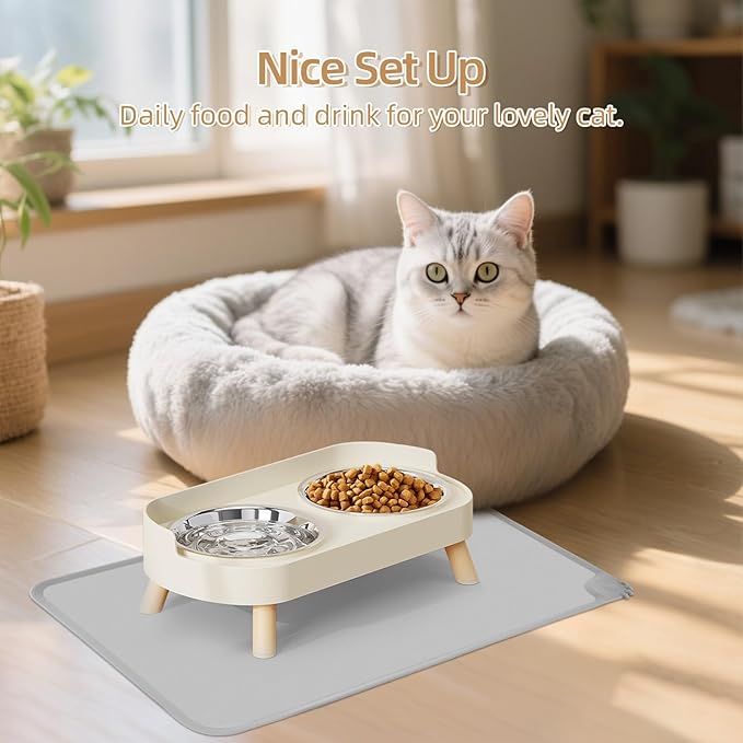 Elevated Cat Bowl with Food Mat, Raised Cat Food and Water Bowl Set for Indoor Cats, Splash Proof with 2 Stainless Steel Pet Food Bowls for Cats and Puppies,Whisker Fatigue and Dishwasher Safe (White)