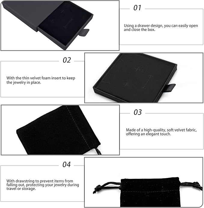 Quacc Small Jewelry Gift Box and Velvet Bag, Necklace Bracelet Earring Cardboard Organizer Square Jewellery Gift Box Pendent Storage Case for Birthday Xmas Christmas Wrapping (Black)