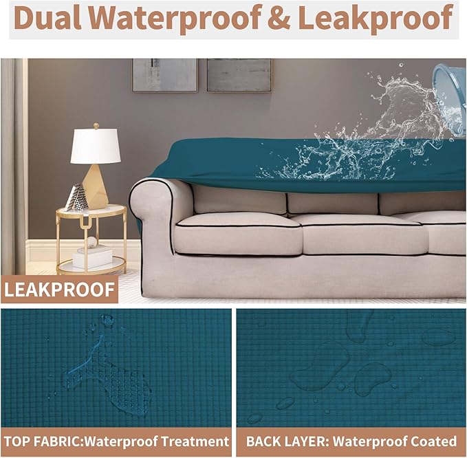 Easy-Going 100% Waterproof Loveseat Couch Cover, Dual Waterproof Sofa Cover, Stretch Jacquard Sofa Slipcover, Leakproof Furniture Protector for Kids, Pets, Dog and Cat (Loveseat, Peacock Blue)