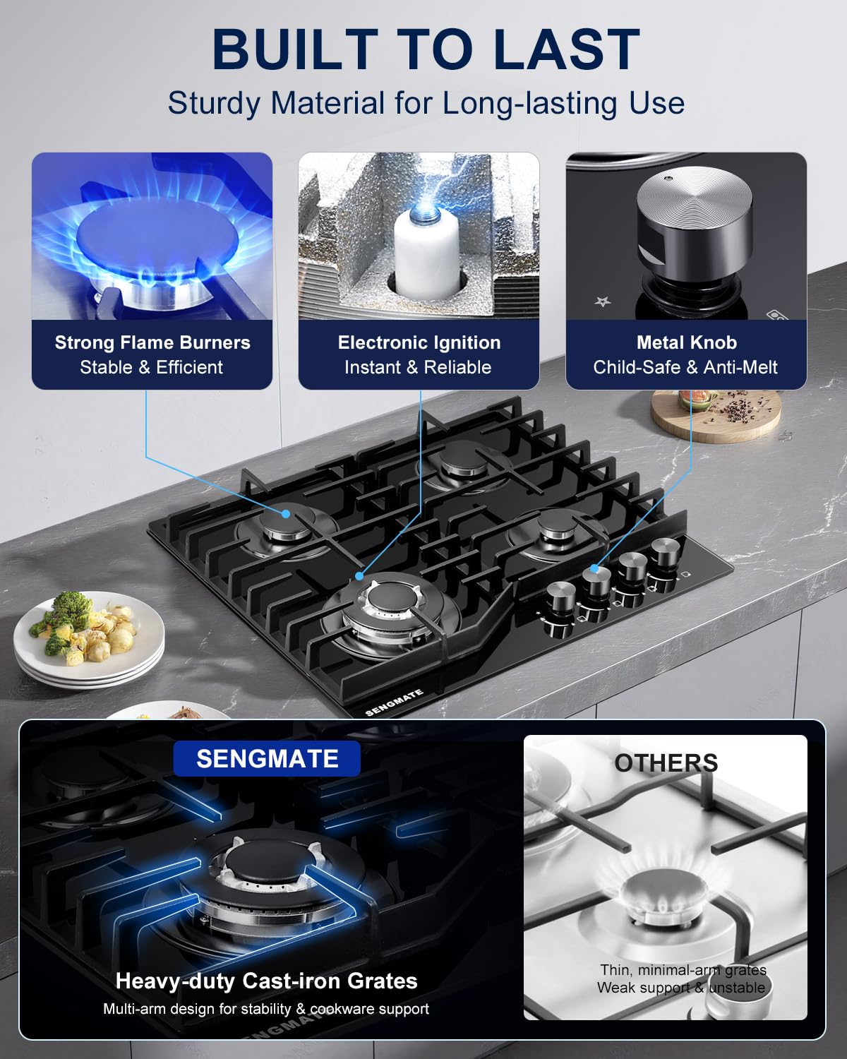 SENGMATE 24 Inch Gas Cooktop, 4 Burner Gas Stove Top, Built-In or Countertop Design, Black Tempered Glass, NG/LPG Convertible, Flame Failure Protection, Ideal for Home Kitchens, RVs & Compact Spaces