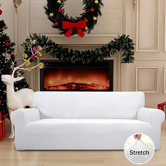 Easy-Going Stretch Oversized Sofa Slipcover 1-Piece Sofa Cover Furniture Protector Couch Soft with Elastic Bottom for Kids, Polyester Spandex Jacquard Fabric Small Checks Snow White