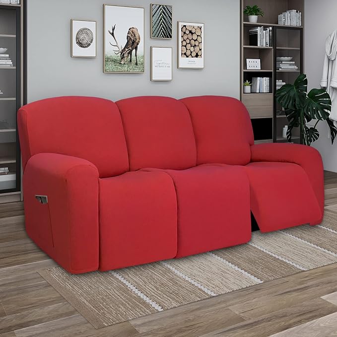 PureFit Super Stretch 3 Seats Recliner Sofa Couch Cover with Pocket – Non Slip Soft Sofa Slipcover, Washable Spandex Reclining Furniture Protector for Kids, Pets (Recliner Sofa, Red)